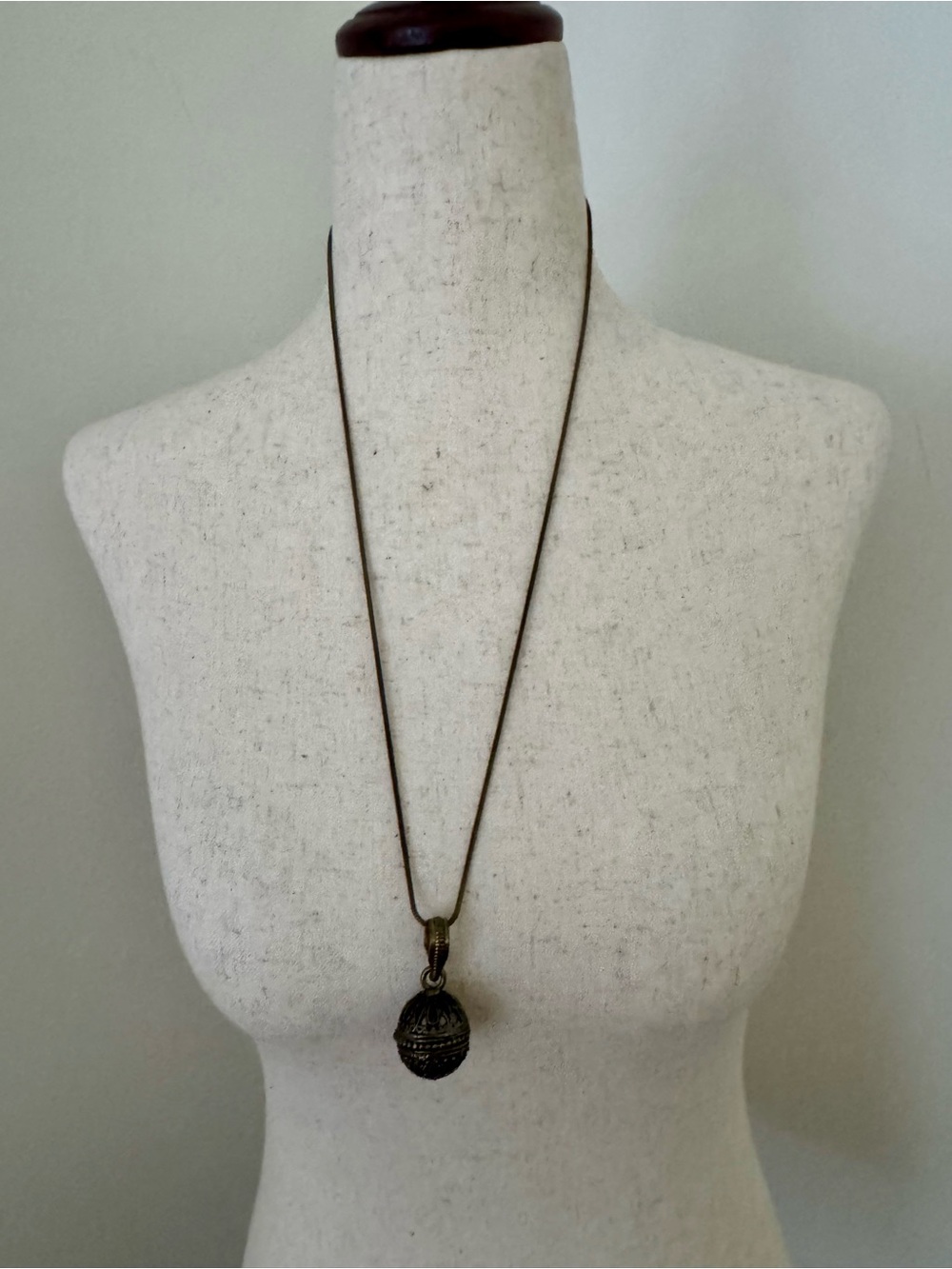 Antiqued Brass Filigree Bell Pendant Long Snake Chain Necklace